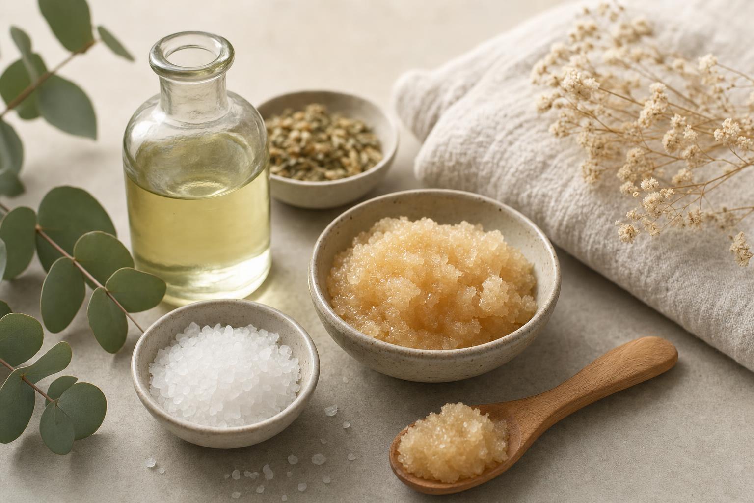 Ingrédients de gommage corporel : sels, sucre et huile sur pierre
