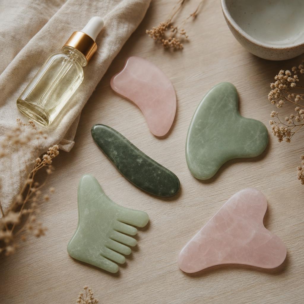 Plusieurs gua sha en jade et quartz rose disposés avec une pipette d'huile sur du bois clair