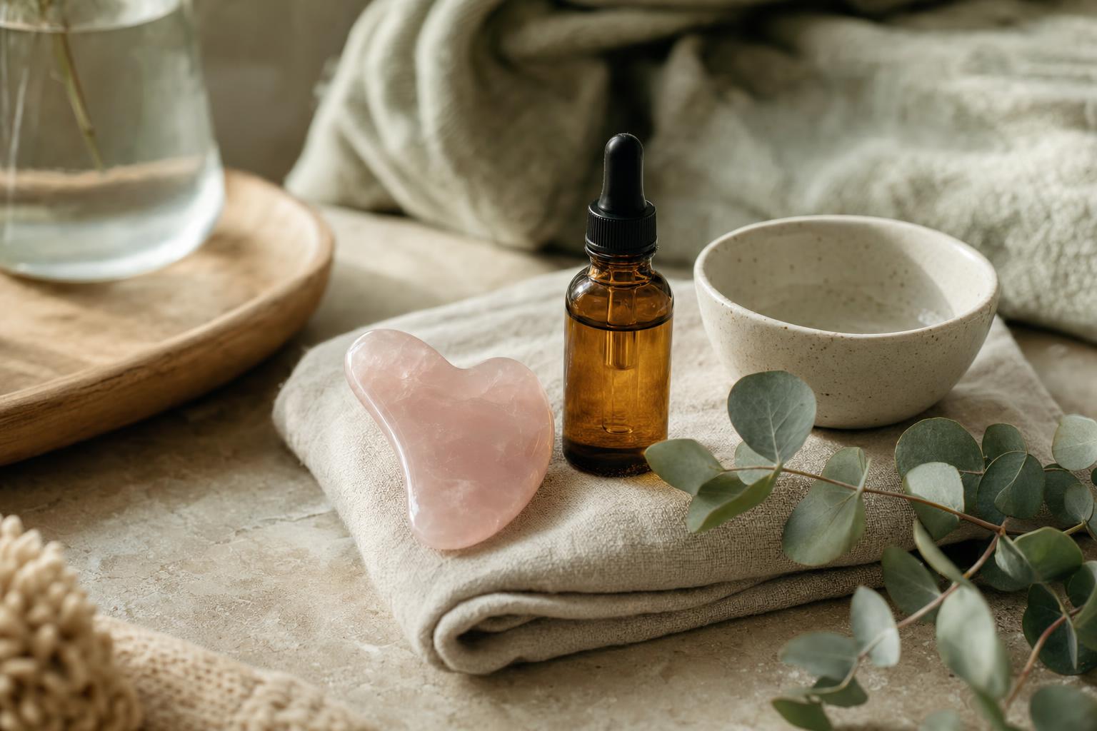 Gua sha en quartz rose posé sur du lin à côté d'un flacon d'huile de soin visage