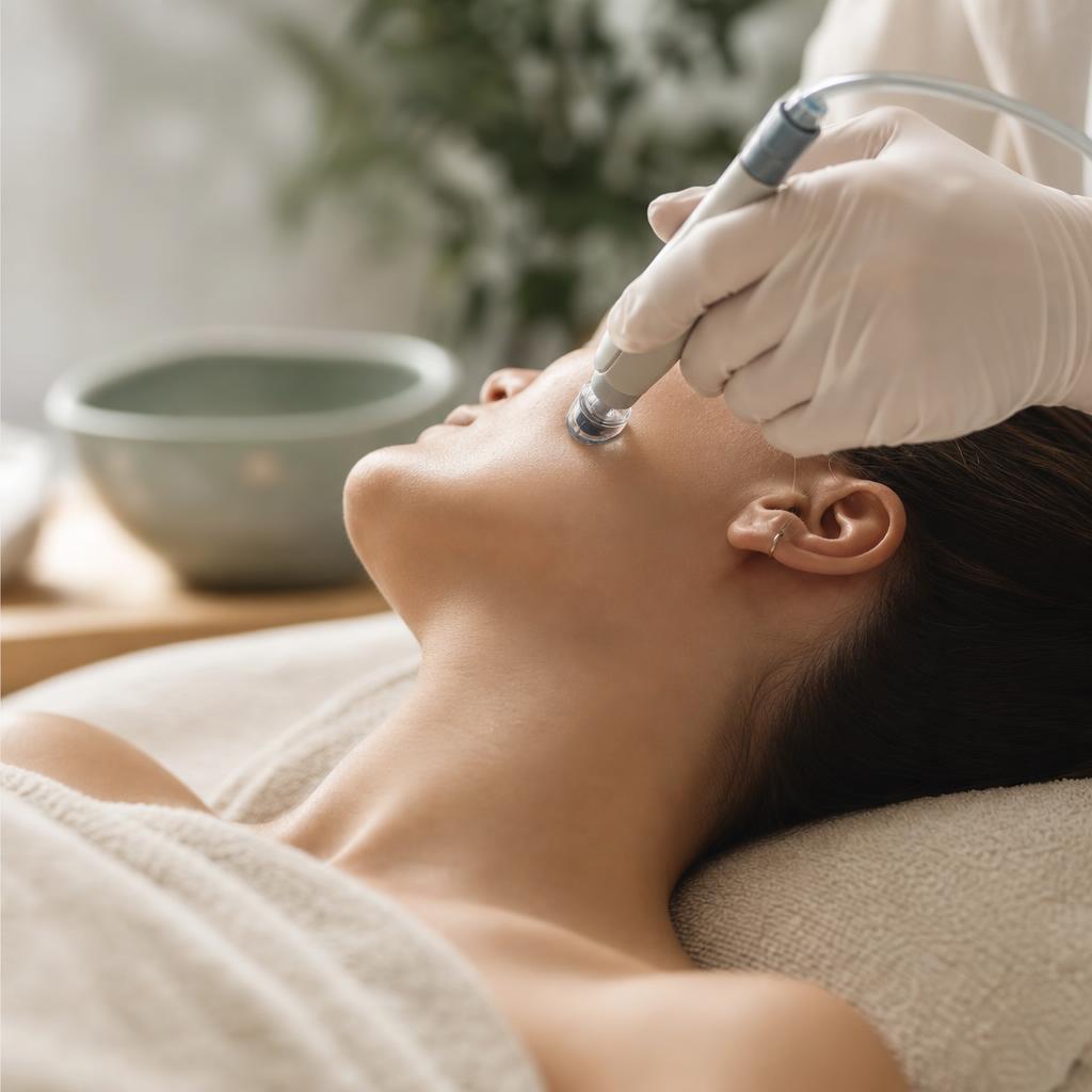Embout d'hydradermabrasion glissant sur la joue pendant une séance en institut