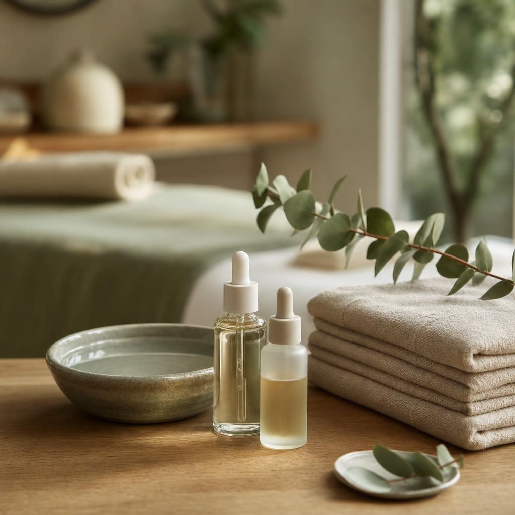 Sérums et serviettes en lin préparés sur une table en bois dans un institut de beauté