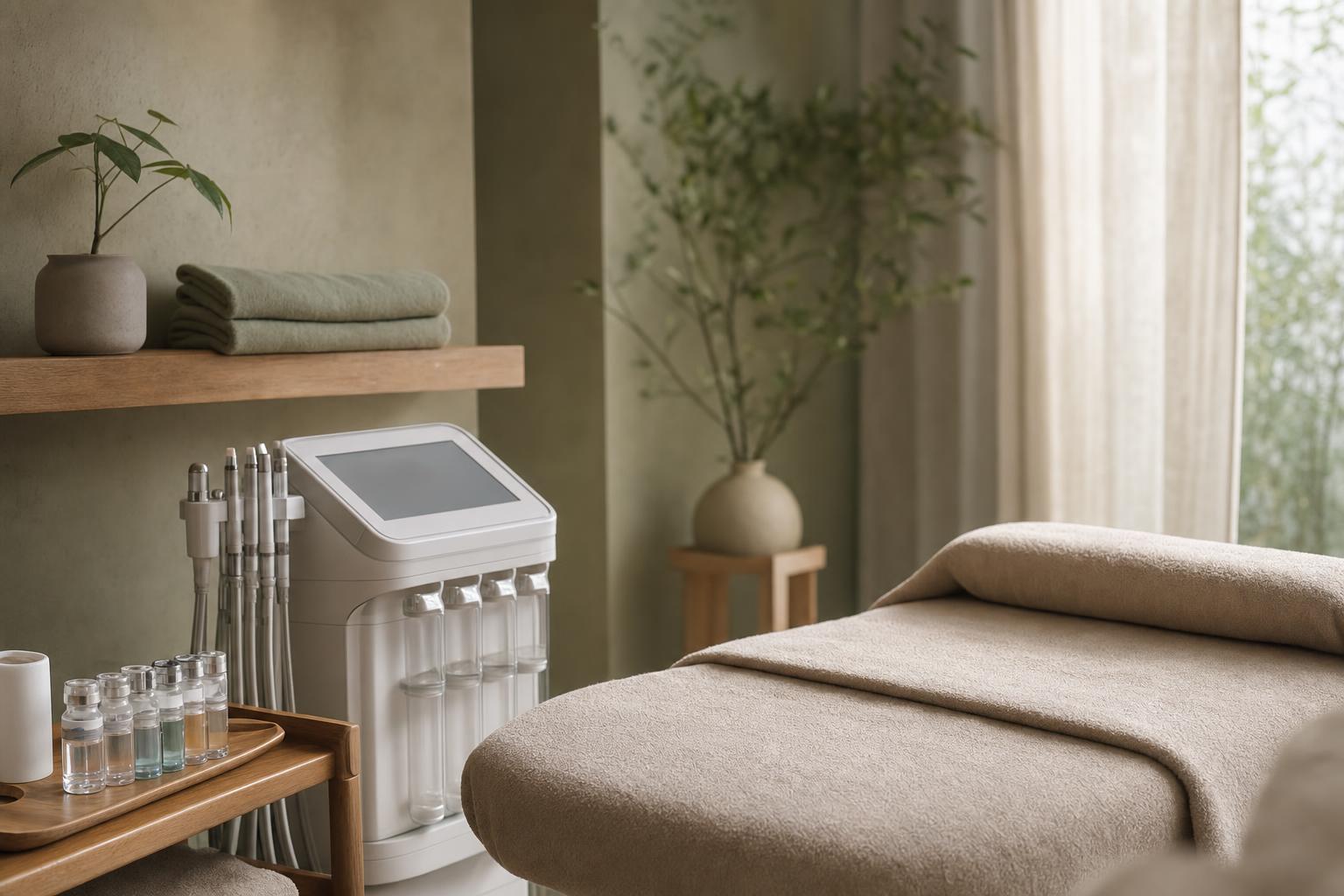 Cabine de soin épurée avec appareil Hydrafacial et sérums prêts pour une séance