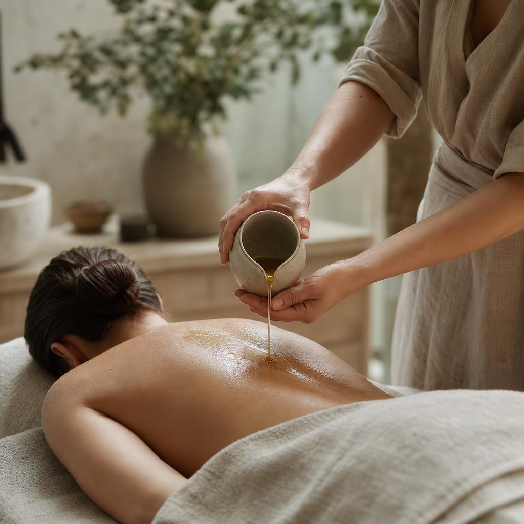 Huile chaude versée sur le dos d'une personne allongée pendant un massage ayurvédique abhyanga