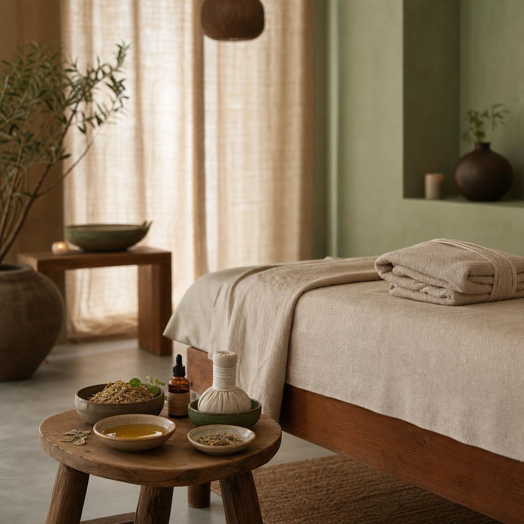 Cabine de soin ayurvédique avec table en bois, linge beige et coupelles d'huile de massage
