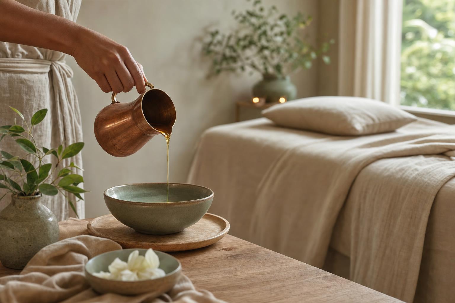 Huile de massage chaude versée d'un pichet en cuivre dans une coupelle en céramique, cabine de spa apaisante