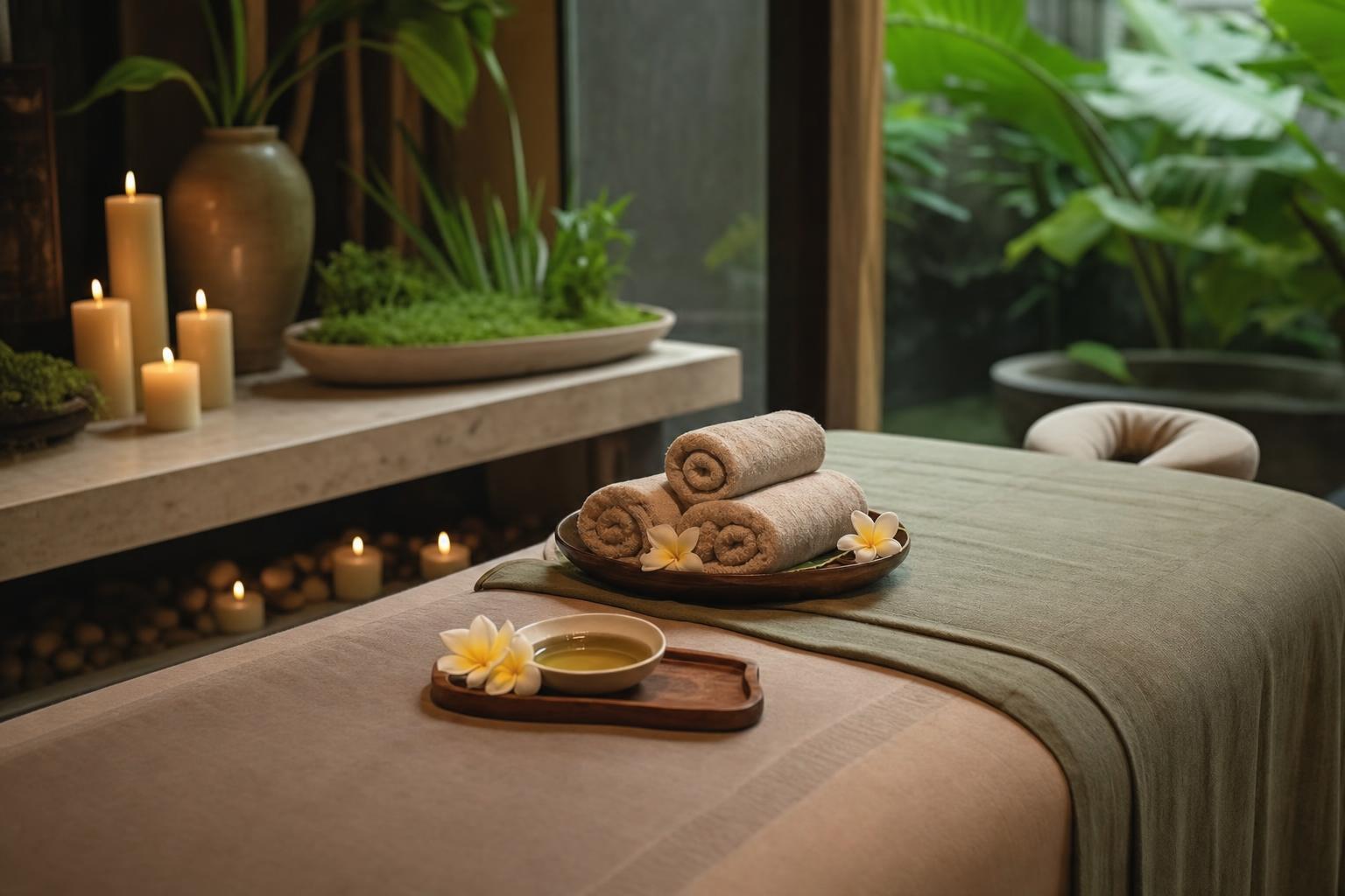 Ambiance de spa balinais : huiles, fleurs de frangipanier et bougies