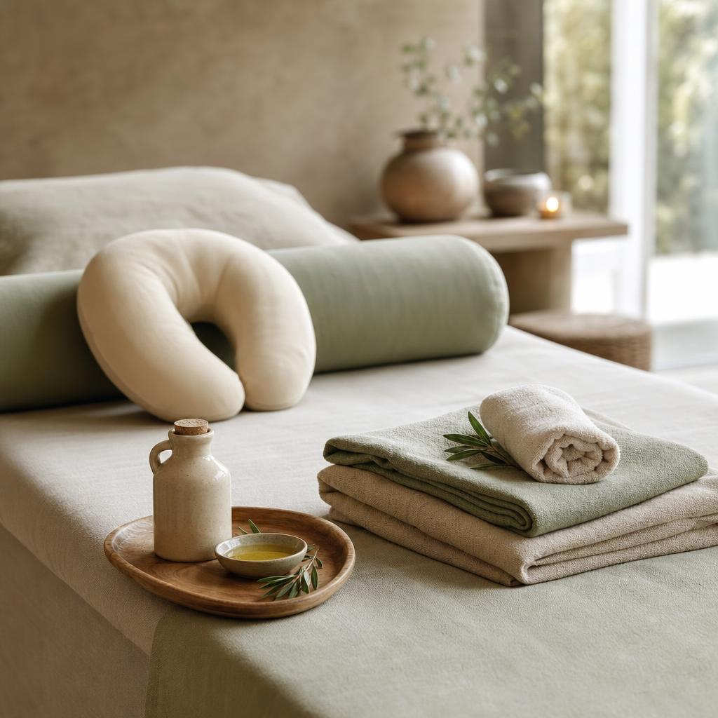 Table de massage préparée pour une séance prénatale avec coussins de positionnement et huile végétale neutre