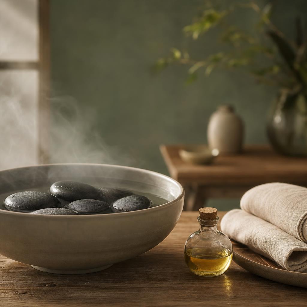 Pierres de basalte réchauffées dans un bain d'eau à côté d'huile de massage et de serviettes en lin