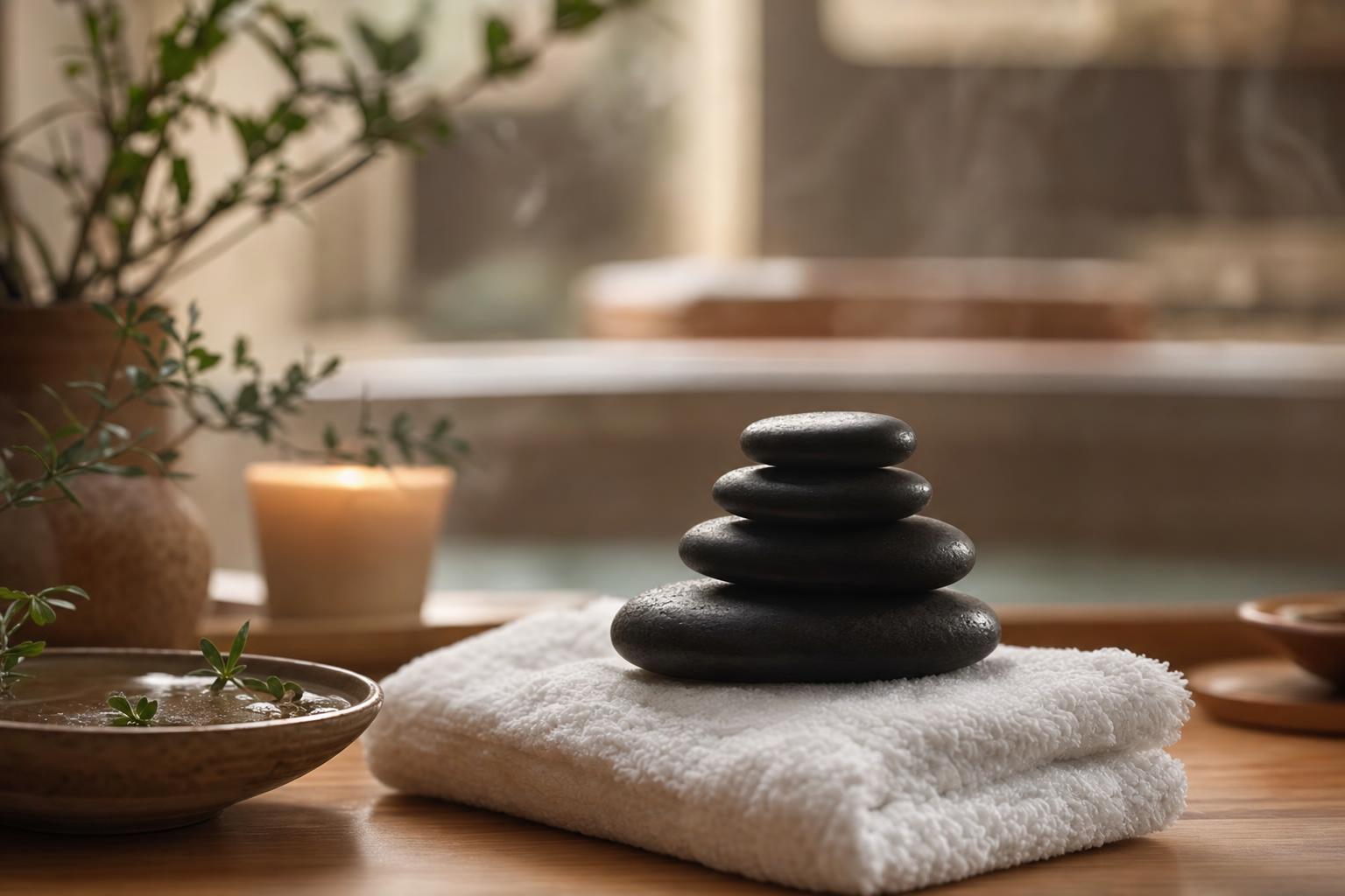 Pierres de basalte noires alignées sur le dos d'une personne allongée sous une serviette beige, ambiance spa tamisée