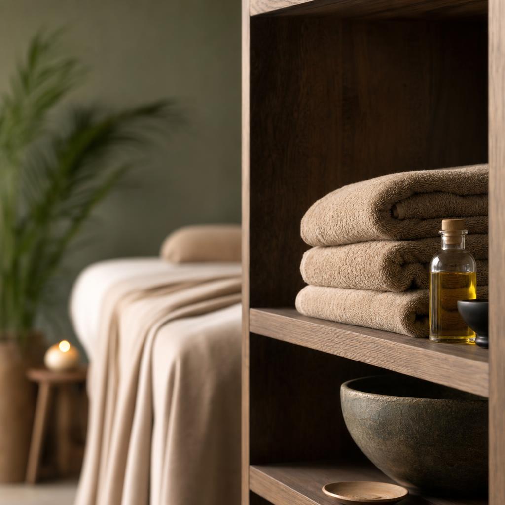 Cabine de massage baignée de lumière douce avec serviettes pliées et huile prête pour la séance