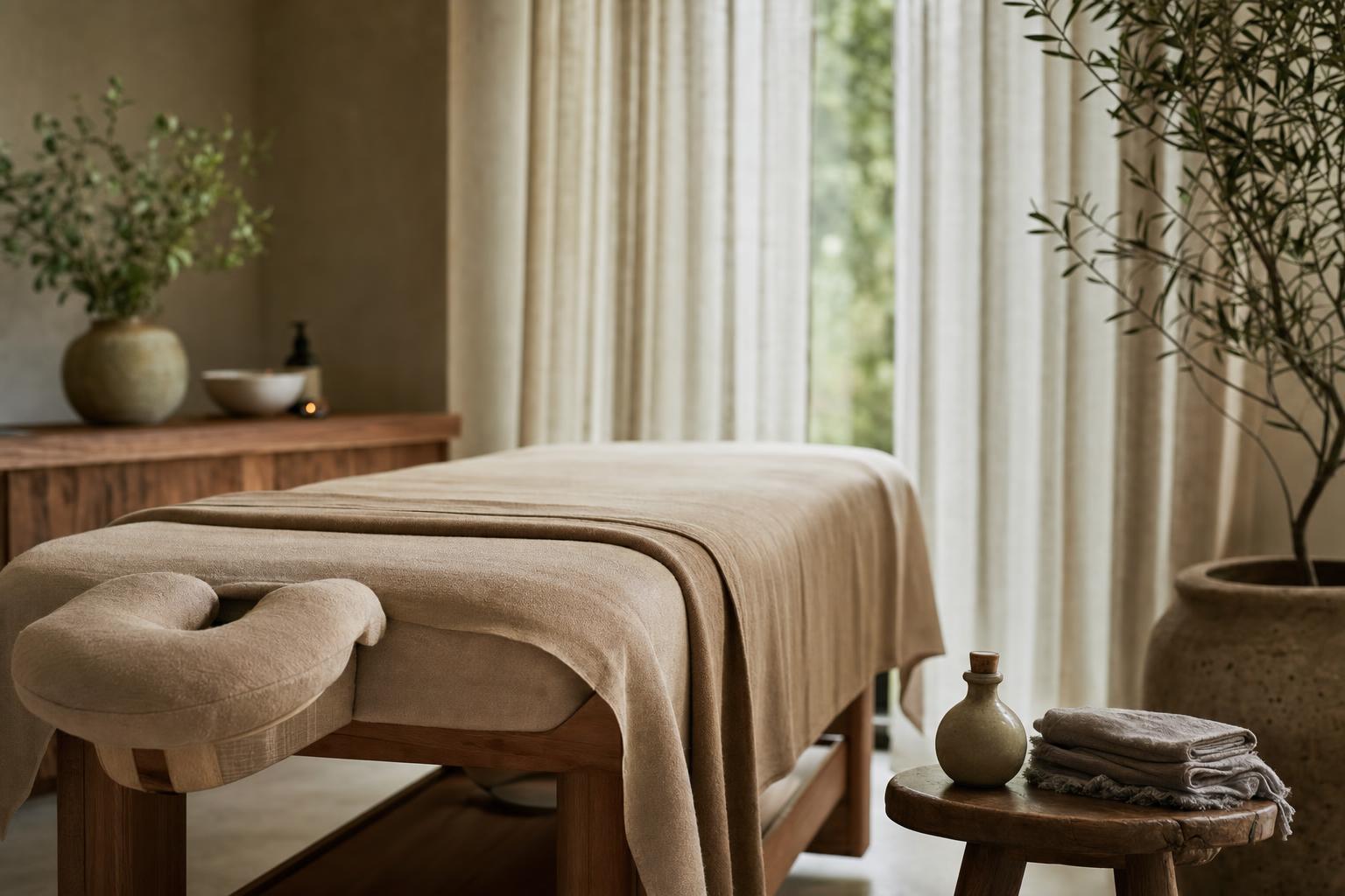 Table de massage en bois clair préparée avec du linge beige et une huile de soin, ambiance spa apaisante
