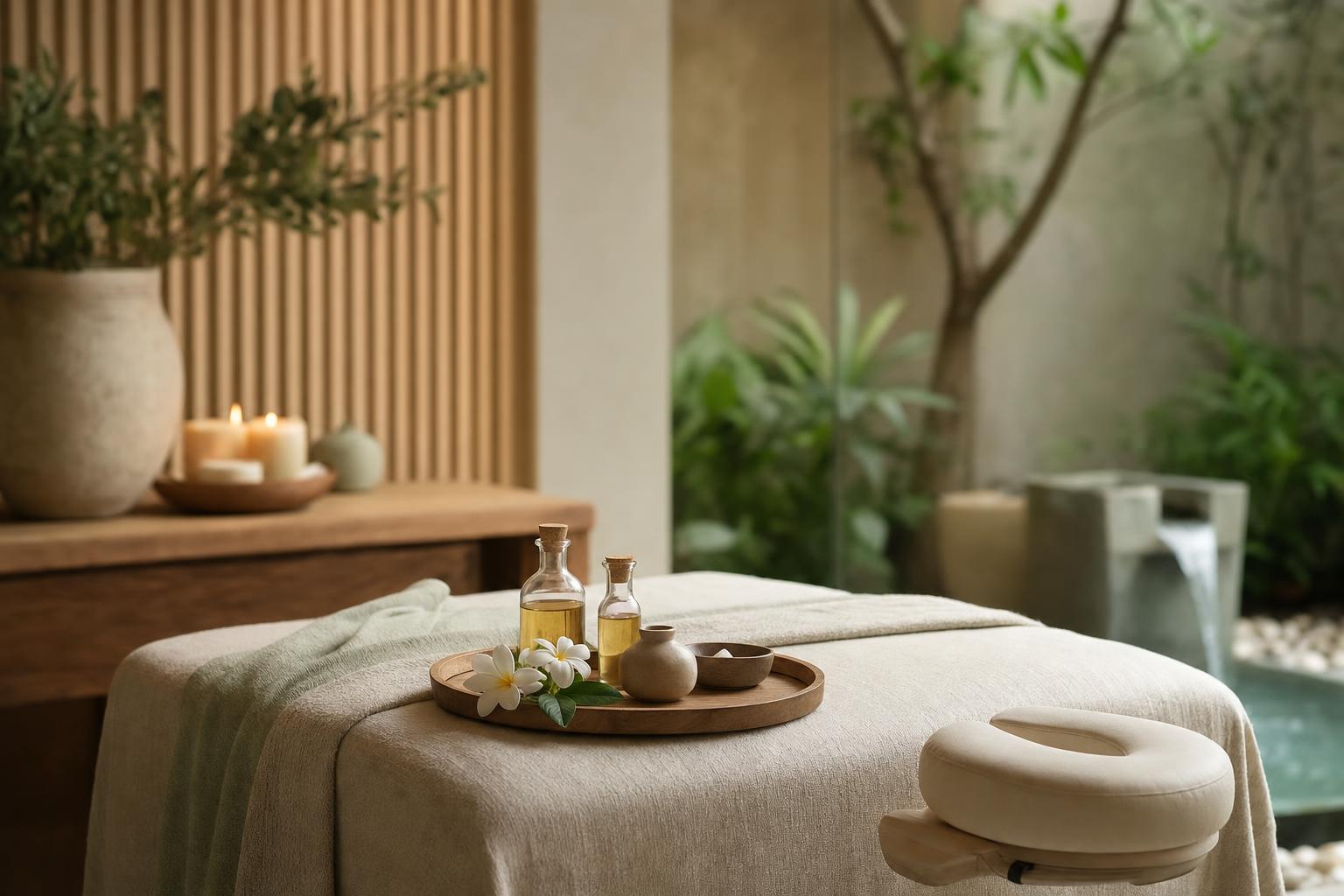 Table de massage avec huiles et fleurs dans un spa aux tons naturels