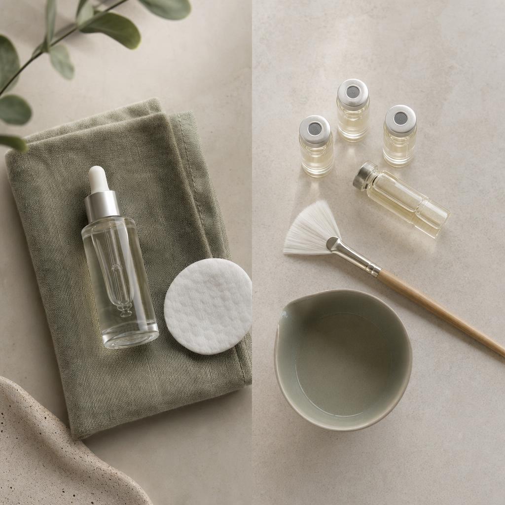 Comparaison entre un flacon de soin exfoliant à usage domestique et le matériel professionnel d'une cabine d'institut