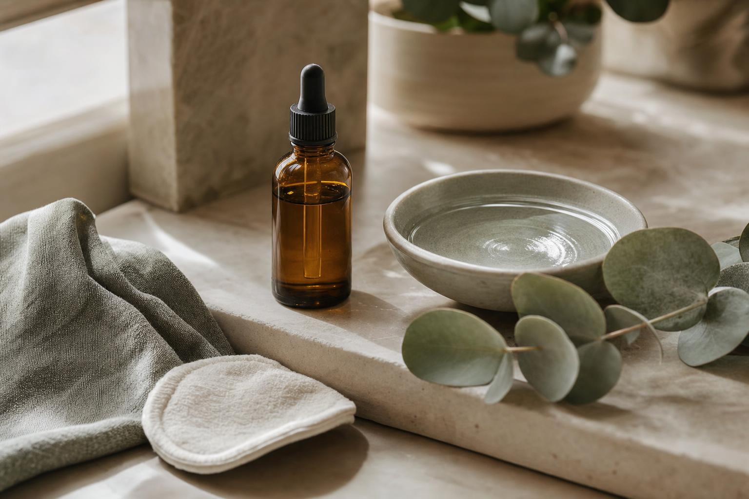 Flacon de sérum exfoliant et bol en céramique posés sur une tablette en pierre, ambiance de soin du visage