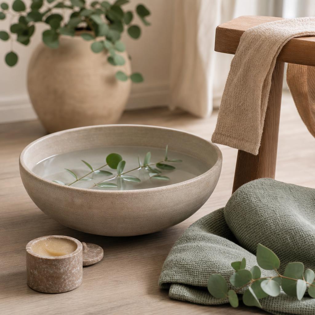 Bassine d'eau chaude, serviettes en lin et baume, ambiance d'une séance de réflexologie