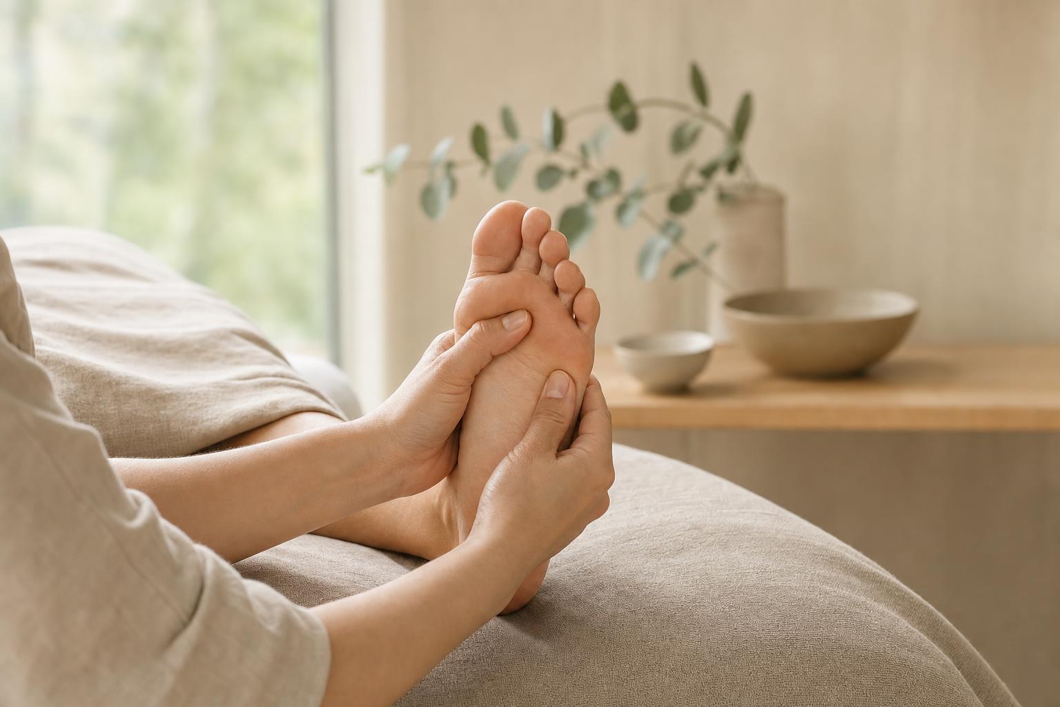 Séance de réflexologie plantaire dans une ambiance spa douce et apaisante