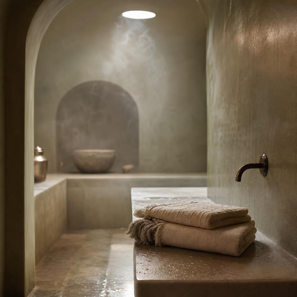 Espace hammam privatif aux murs de pierre chaude avec vapeur douce