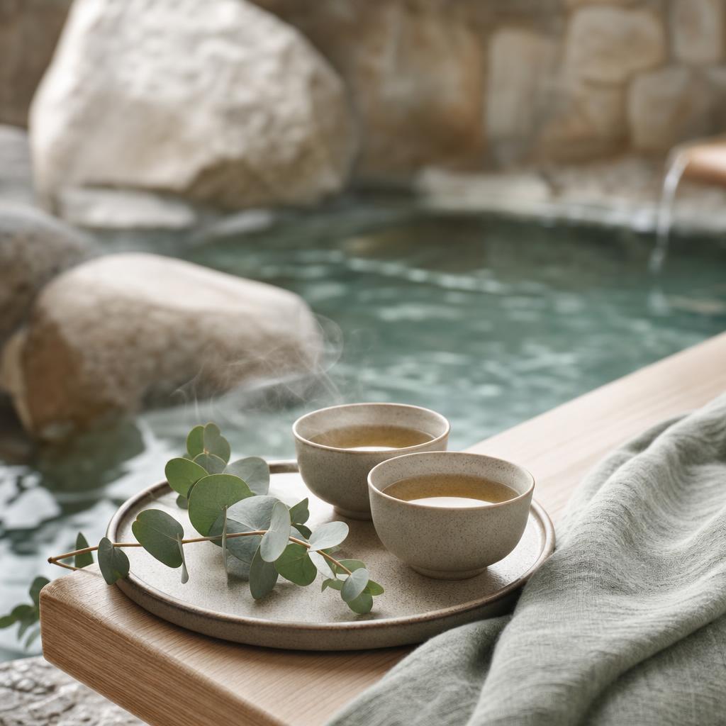Plateau en céramique avec deux tisanes et une branche d'eucalyptus près d'un bassin de spa