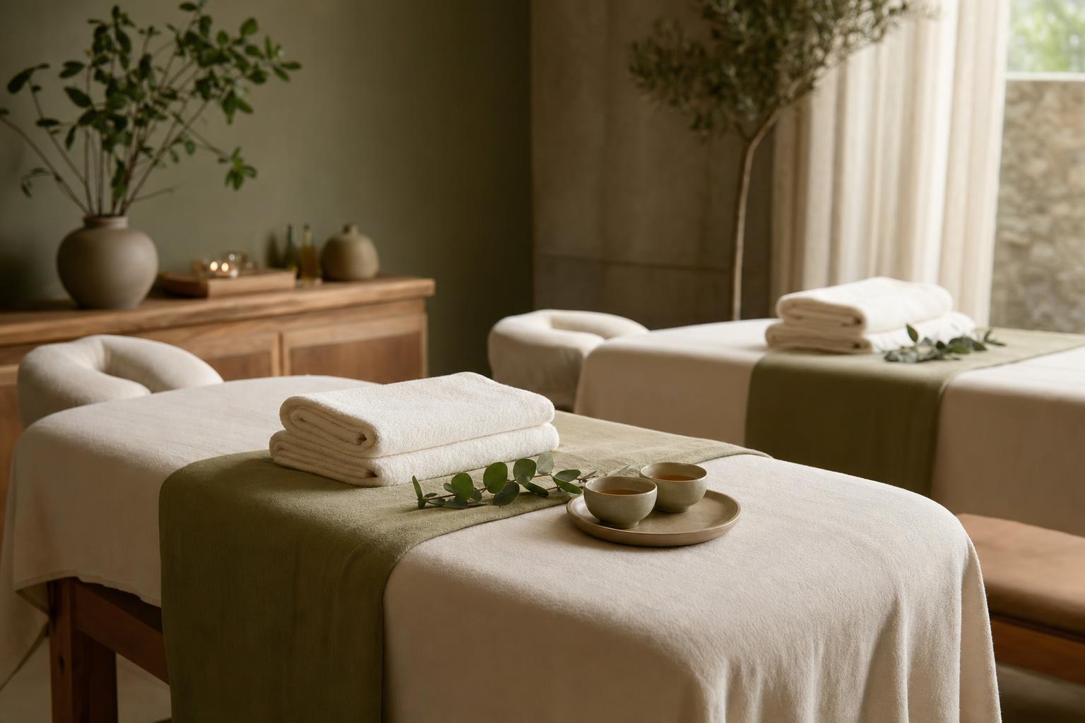 Cabine de spa duo avec deux tables de massage côte à côte dans une ambiance douce et naturelle