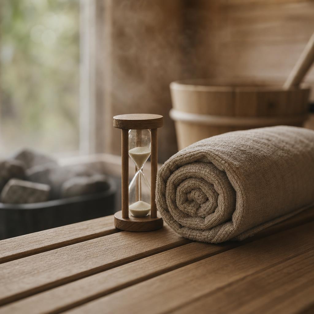 Sablier en bois et serviette en lin posés sur un banc de sauna