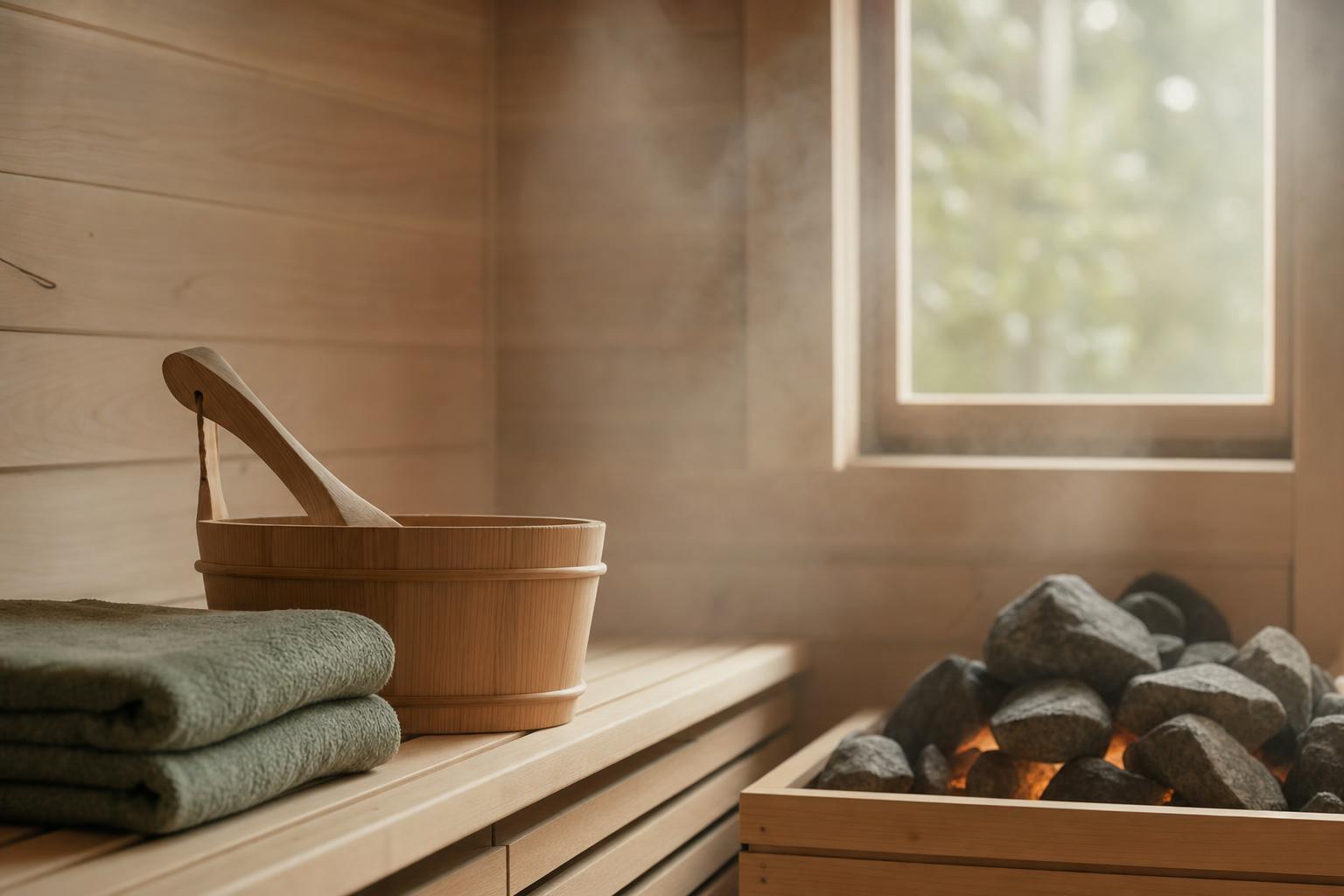 Intérieur d'un sauna finlandais en bois clair, banc, seau et louche en bois