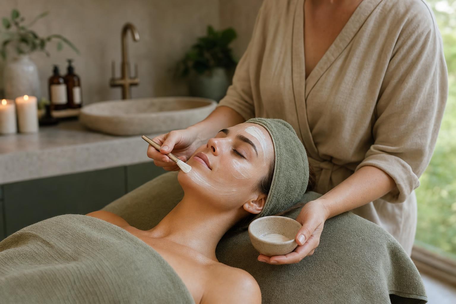 Soin du visage en institut, application de crème sur une peau détendue