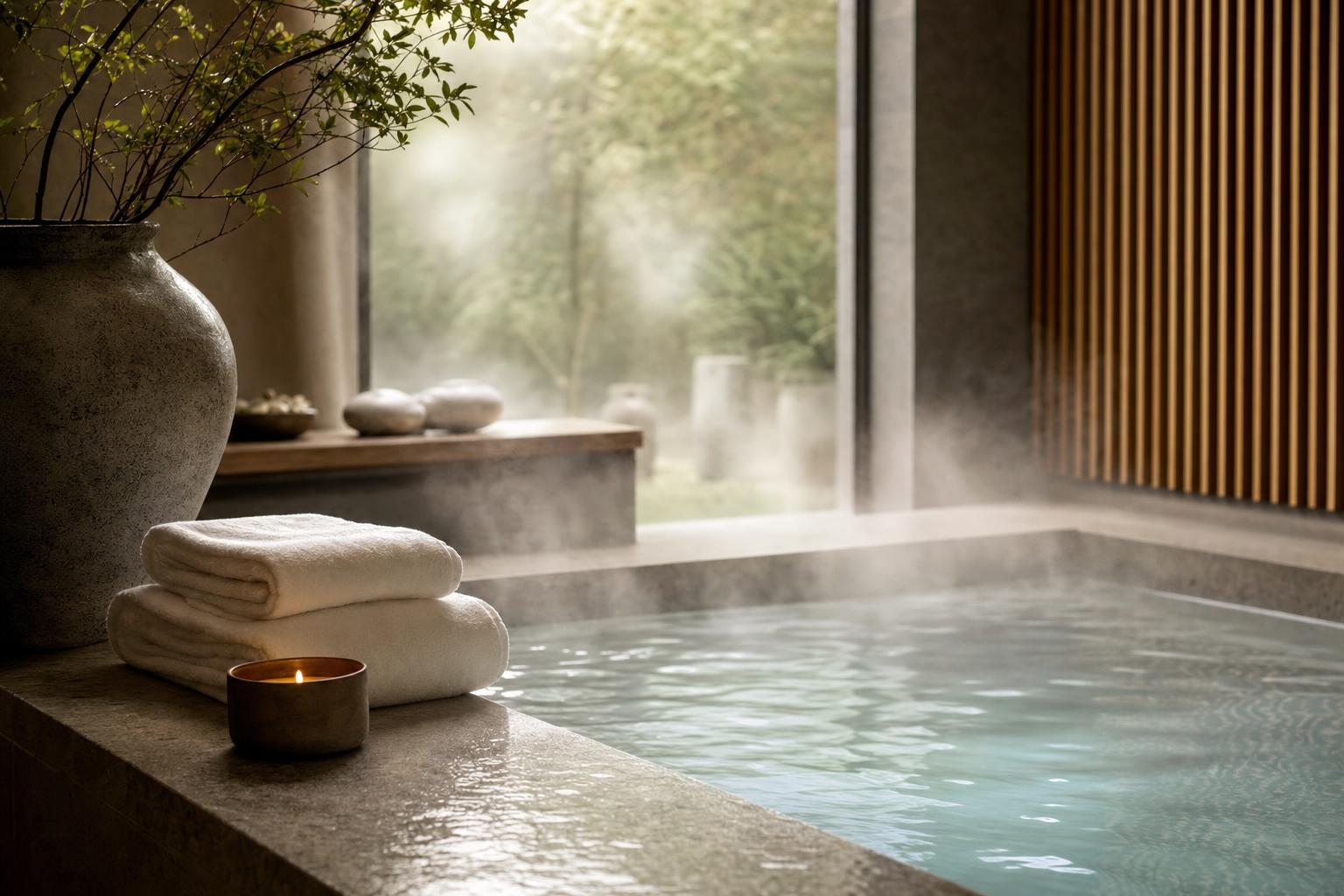 Jacuzzi privatif avec bougies et serviettes pliées au bord du bassin